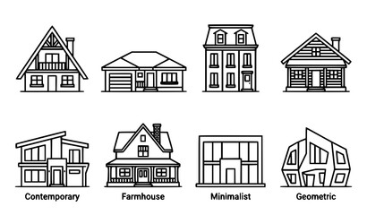 Fototapeta premium Residential House Line Art Icons with Diverse Roof Shapes and Home Architecture Symbols