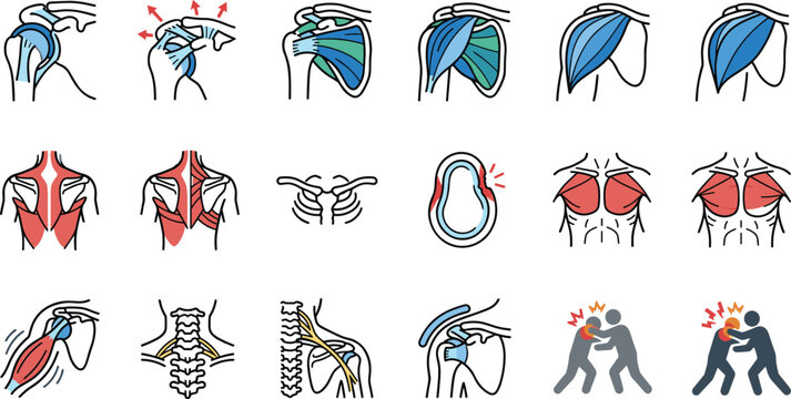 Set of human shoulder and upper body anatomy and pain icons.