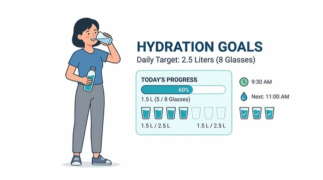 Woman tracking hydration goals with water intake progress chart and daily target of 2.5 liters
