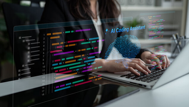 A focused professional woman engages with an AI coding assistant displayed on her laptop, showcasing innovative programming elements in a modern workspace environment. Cyphers