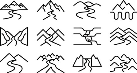 Set of twelve minimalist line art icons representing mountain and river landscapes. © Anggun