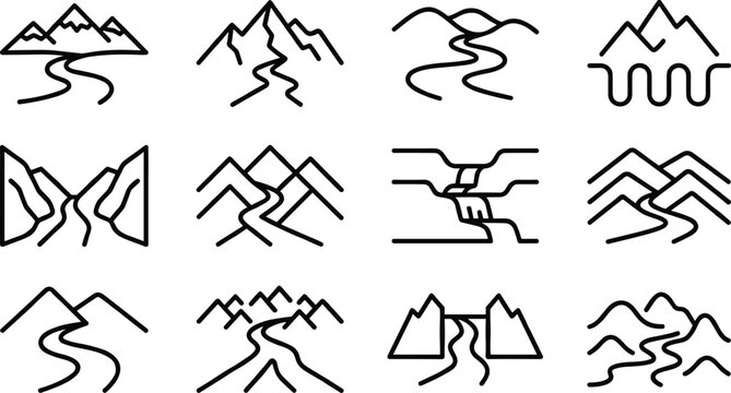 Set of twelve minimalist line art icons representing mountain and river landscapes.