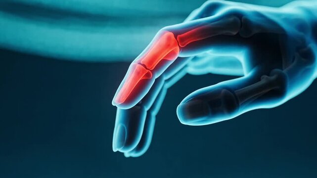X-ray style medical illustration of a hand showing severe inflammation in index finger joints