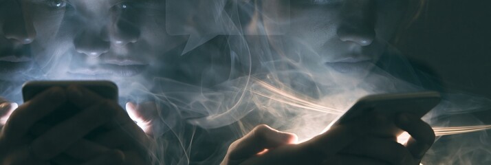 Fototapeta premium Medium shot of hands gripping a smartphone tightly with blurred overlapping faces and speech bubbles symbolizing intense inner dialogue set against a shadowy backdrop with gentle