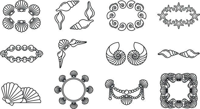 Set of decorative seashell frames and corner ornaments in black and white line art.