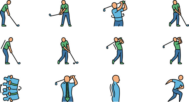 Set of golf swing posture and spinal alignment icons.