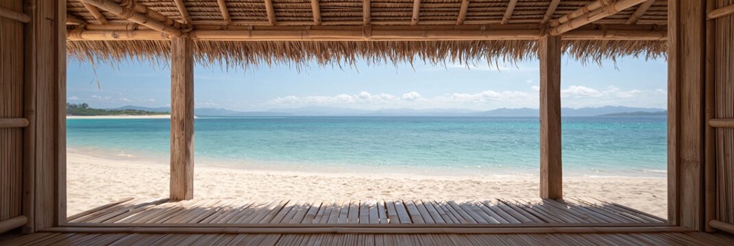 tropical beach view from inside a very light bamboo hut, 