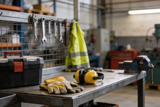 Workplace safety gear and tools laid out on a workbench in a workshop