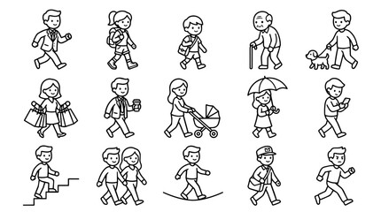 Naklejka premium Black and white line art set of various walking people