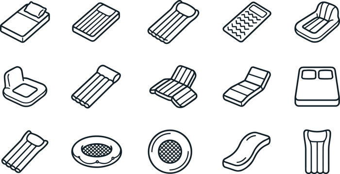 Set of inflatable mattress and pool float icons.