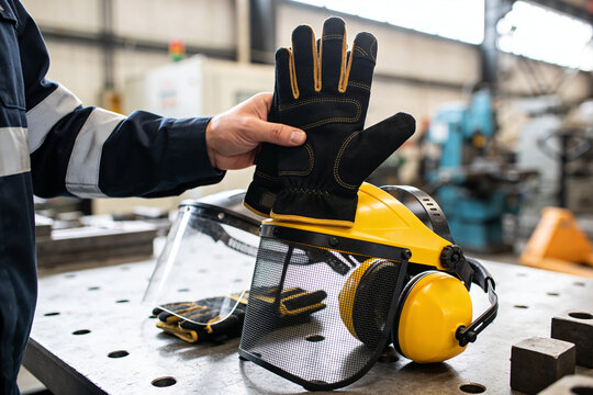 Worker's personal protective equipment laid out on a workbench in a factory setting