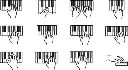 Set of human hands playing piano keys in various positions. © Wahid