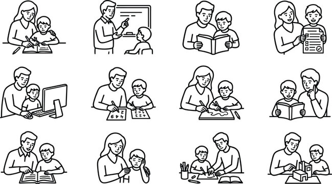 Set of line art icons depicting parents and children studying together.