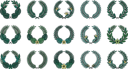 Collection of Decorative Tropical Leaf Wreaths and Botanical Floral Frames. © jenci