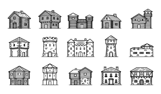 Historic Blockhouse Architecture Line Art Vector Collection for Art and Design Projects