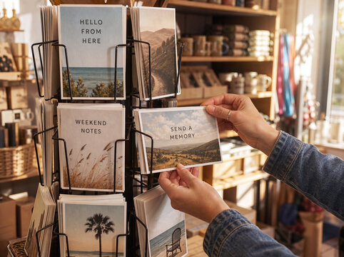 Postcard display rack with scenic greeting cards and hands choosing a travel memory card