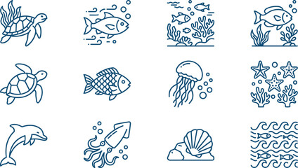 Set of hand drawn marine life icons and sea creatures. © jenci