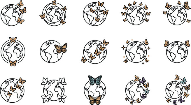 Set of fifteen hand drawn doodle earth globes with butterflies.