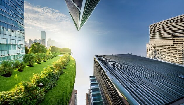 shot lush green roof contemporary skyscraper soft natural light filtering architecture sleek lines
