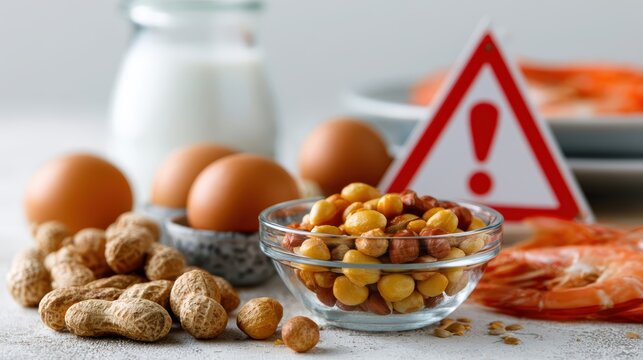 food allergen awareness, a top-notch advertisement displaying labeled food allergens such as peanuts, milk, eggs, and seafood on a kitchen table with warning signs