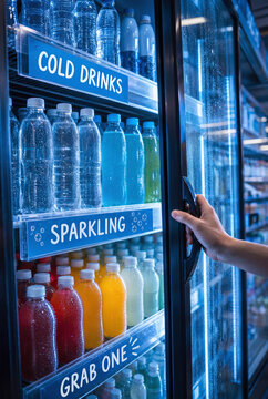 Refrigerated cold drinks case with bottled water sparkling beverages and hand opening door