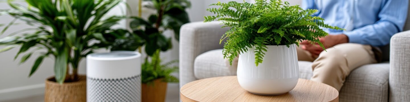 allergy prevention program, attractive web banner promoting allergy prevention program healthy lifestyle, clean indoor environment, air purifier, fresh plants, wellness theme
