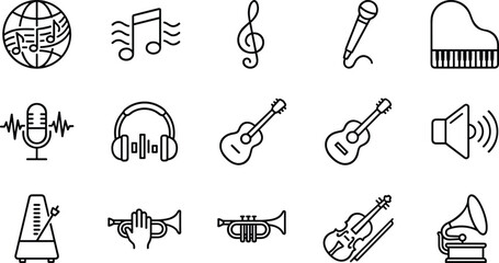 Set of black and white musical instrument icons. © Wahid