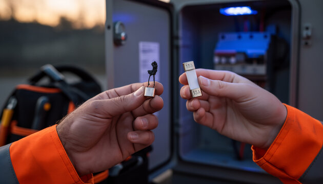 Close up of an electrician technician hands holding and comparing a blown broken fuse with a brand new replacement part in front of an open outdoor electrical power distribution box