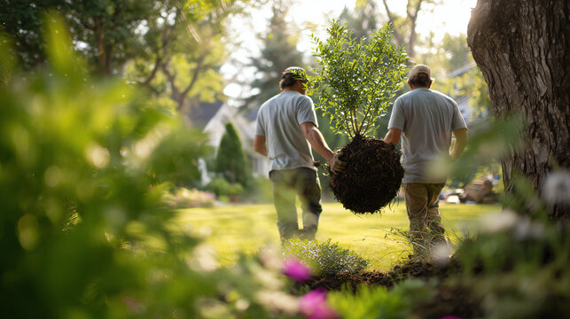 Two landscape workers seen from behind carry a young tree with its root ball through a lush sunlit garden toward the spot where it will be planted