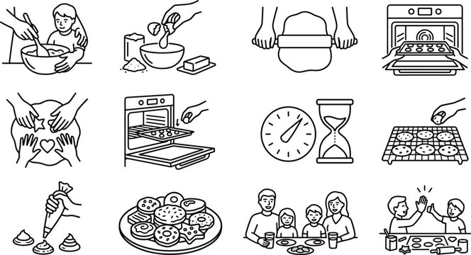 Set of black and white line art illustrations showing the process of baking cookies with family.