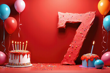 Obraz premium Greeting card for 7 years. Celebrate a 7th birthday with colorful balloons, sprinkles, and two decorated cakes with lit candles.