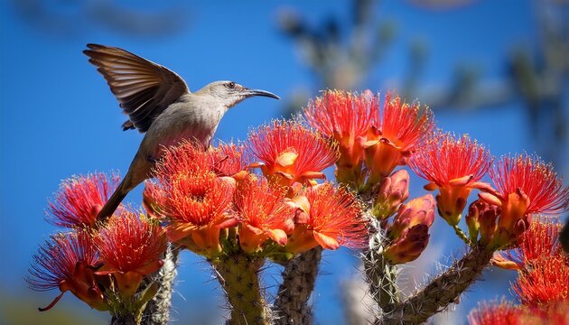verdin alights on the blooms of a ocotillo cactus in southern arizona