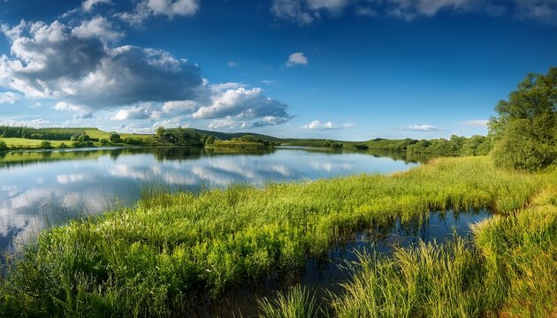 calm summer lake under expansive sky under wide open sky