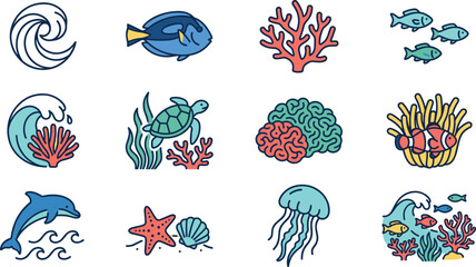Set of colorful hand drawn sea life and ocean icons. © jenci