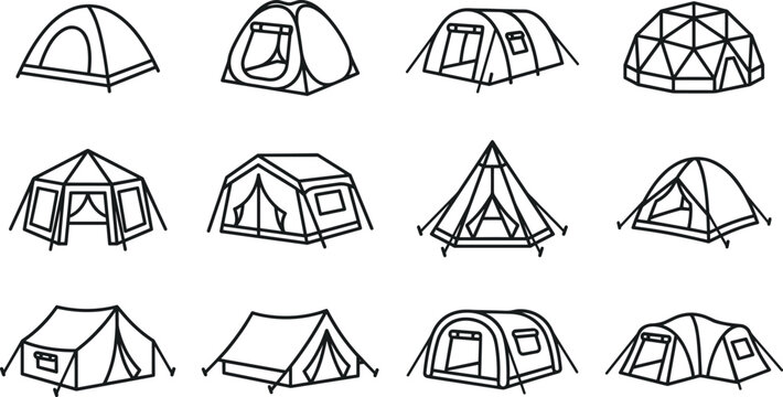 Set of various camping tent icons in hand drawn sketch style.