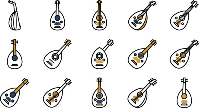 Set of fifteen hand drawn outline icons of Arabic Oud musical instruments.