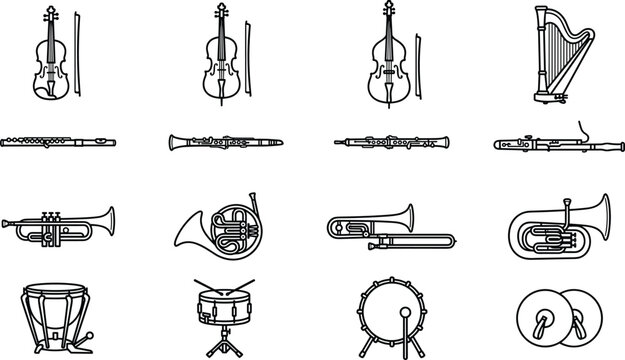 Set of musical instrument line art icons.