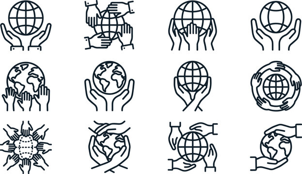 Collection of line art icons representing global unity and environmental care.