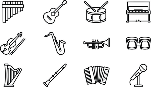 Set of musical instruments outline icons collection.