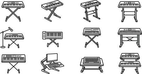 Set of Various Digital Piano Keyboard Stands and Equipment Icons. © Wahid