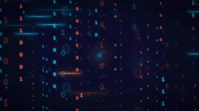 Abstract Digital Binary Code Stream with Glowing Blue and Orange Particles on Dark Background