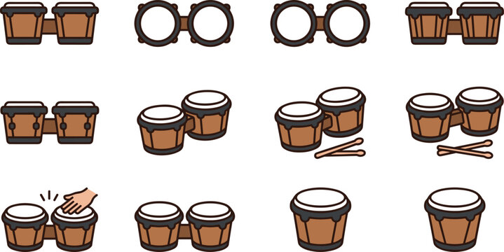 Collection of hand drawn bongo drums icons set.