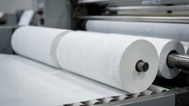 Closeup medium shot of premium soft toilet tissue rolls in production highlighting delicate embossing precise perforation and smooth rewinding processes for luxury bathroom