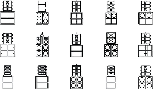 Set of line array speaker system icons with various configurations.