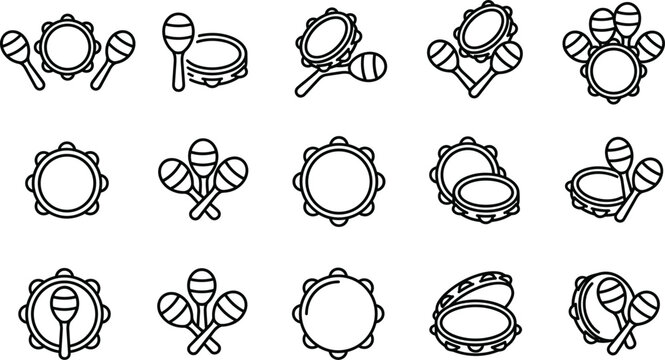 Set of musical percussion instrument line art icons.