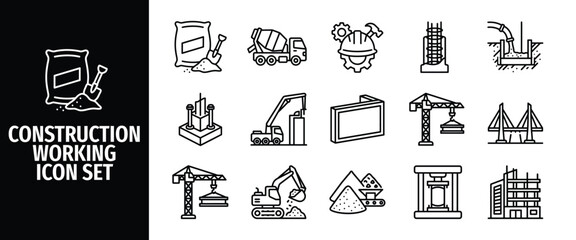 Construction working icon set with building materials, heavy machinery, engineering tools, cranes, excavator, concrete mixer, and bridge outline icons © Abir Creative Studio