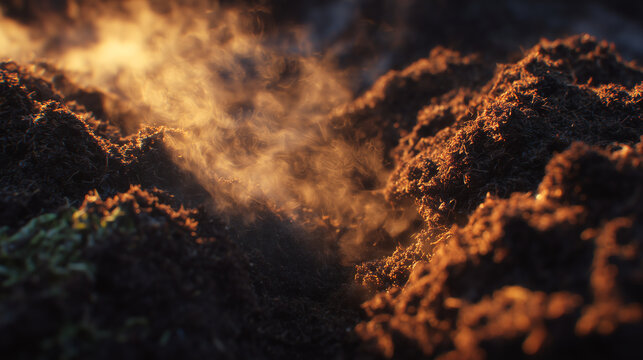Steam rises from a freshly turned windrow of dark organic compost at golden hour, revealing the rich crumbly texture and natural heat of decomposition