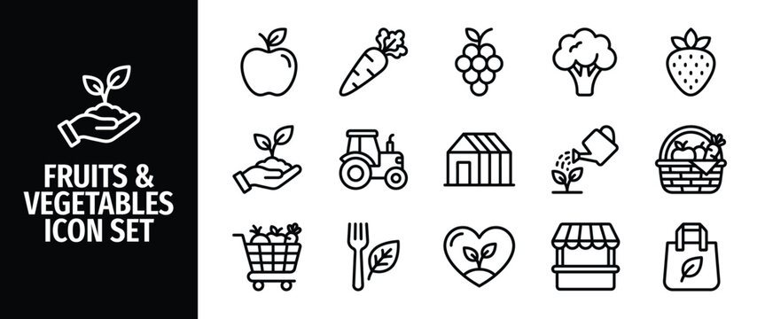 Fruits and vegetables line icon set organic food, farming, agriculture, gardening outline icons apple, carrot, broccoli, tractor, greenhouse, shopping cart