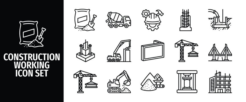 Construction working icon set with building materials, heavy machinery, engineering tools, cranes, excavator, concrete mixer, and bridge outline icons