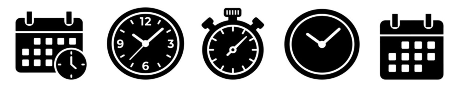 Set of black clock and calendar icons representing time management and scheduling concepts on transparent background